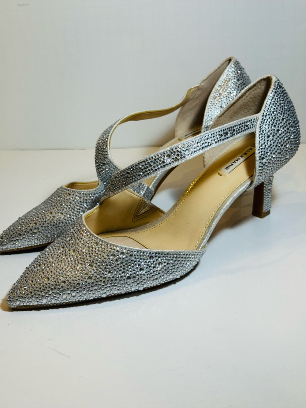 Alex Marie Rhinestone D’Orsay Heels Silver Crystal Pointed Toe Pumps 8M - Picture 3 of 7